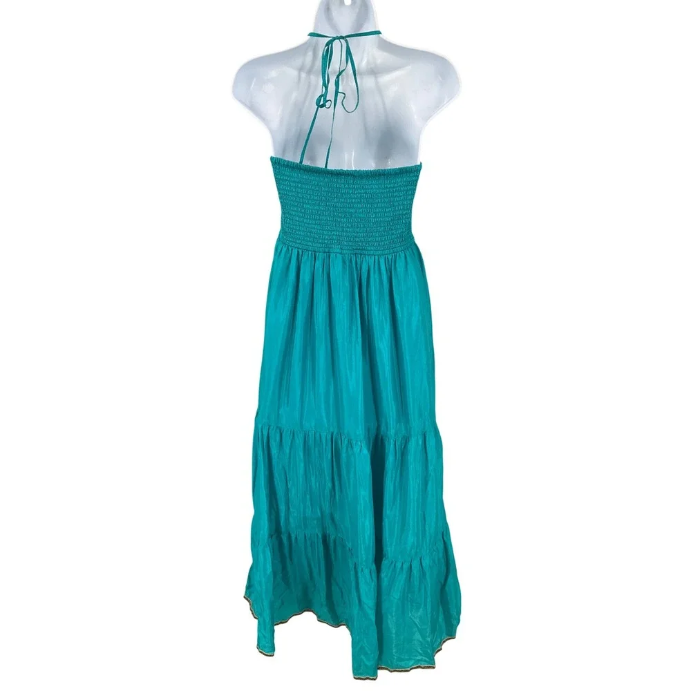 Maeve‎ Silk Maxi Dress Women Sz S Teal Blue 100% Silk Smocked Tiered Boho Halter